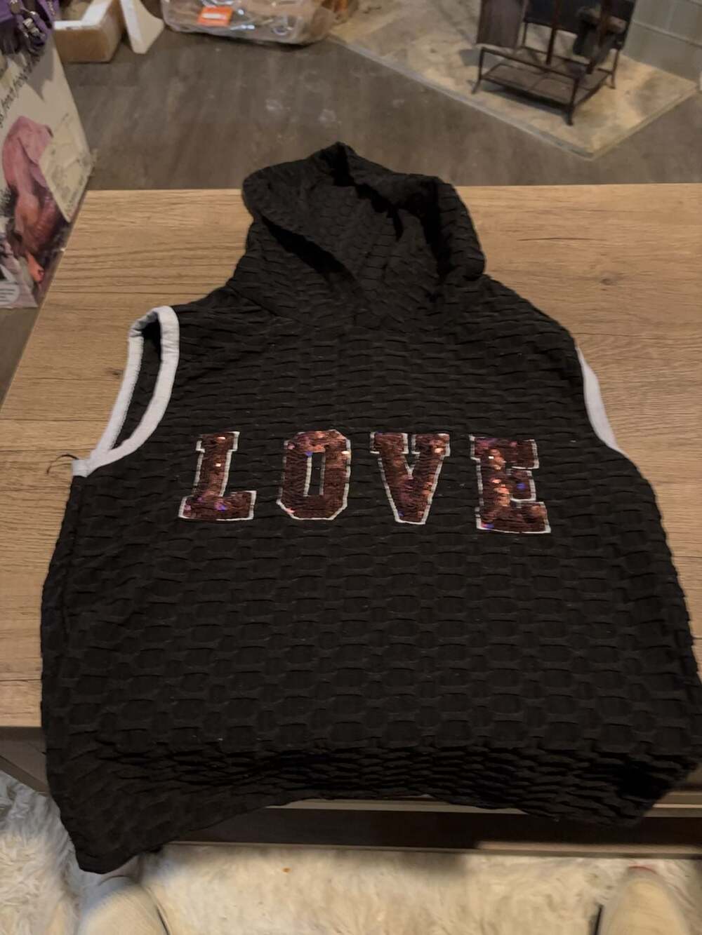 Black Textured Sleeveless Hoodie with Sequin LOVE Graphic Size L/XL